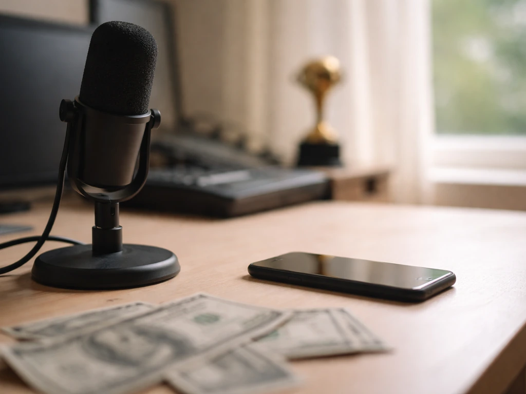 Minimal home studio desk with microphone, dark phone, and blurred award—symbolizing online earnings range.