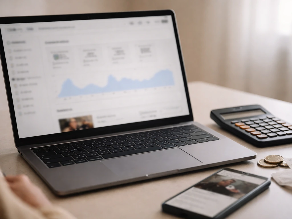Laptop with blurred YouTube-style analytics, calculator and coins on a desk suggesting ad revenue monetization.