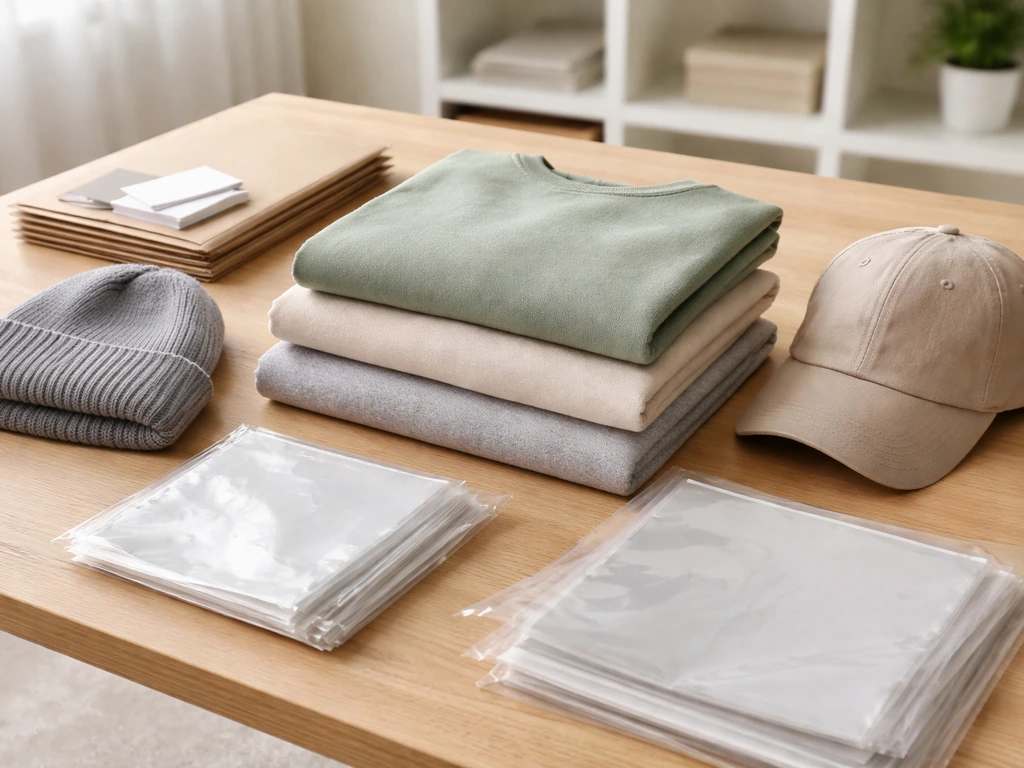 Folded hoodies and tees laid out on a table with simple mailers and bags for merchandise fulfillment.