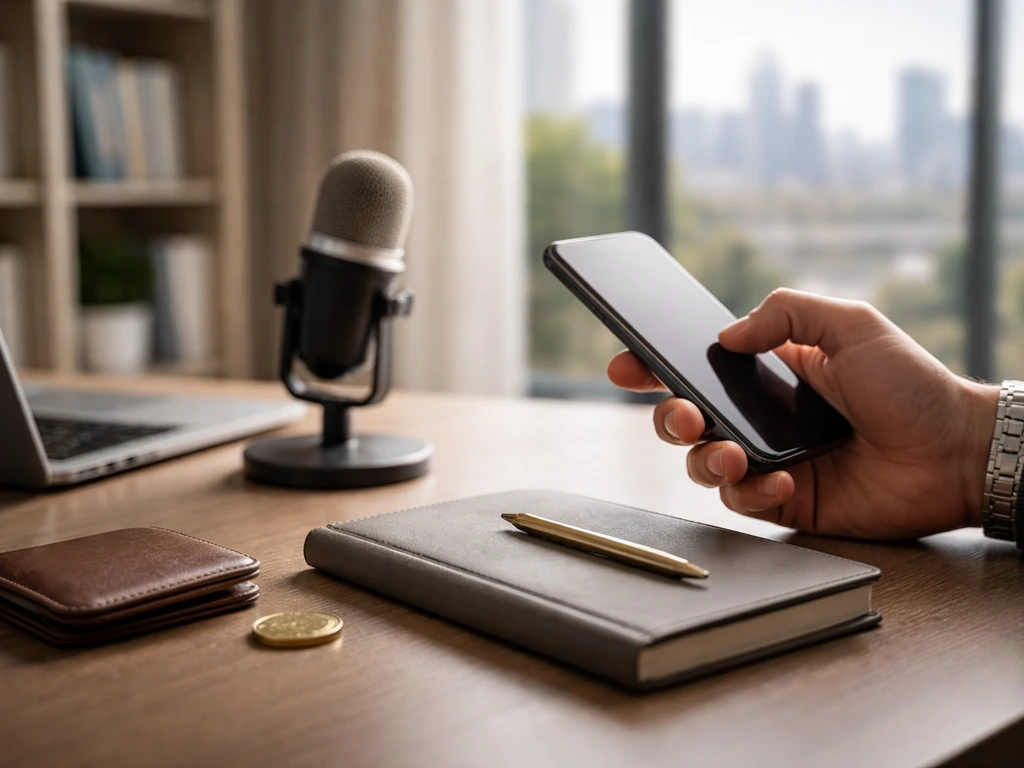 Minimal home office scene with smartphone, notebook, microphone, and subtle wealth cues on a desk.