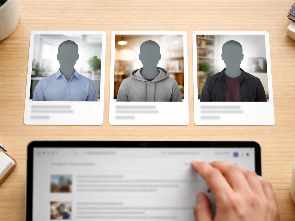 Minimal collage of blurred search result cards showing three different anonymous people named James Marcus.