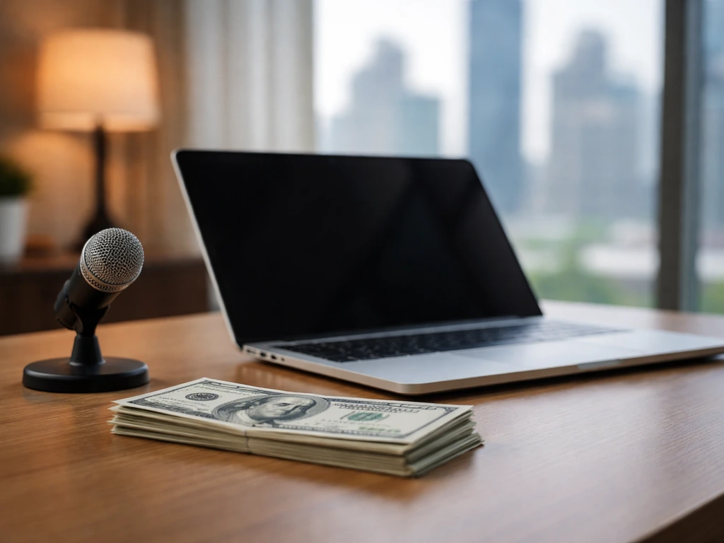 Minimal desk scene with a laptop and scattered cash, symbolizing a People AI net-worth estimate