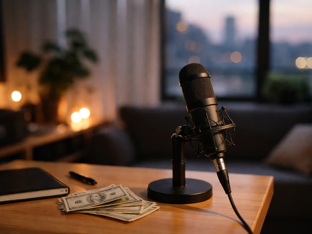 Minimal studio desk with a microphone, scattered cash, and a blurred city skyline at dusk