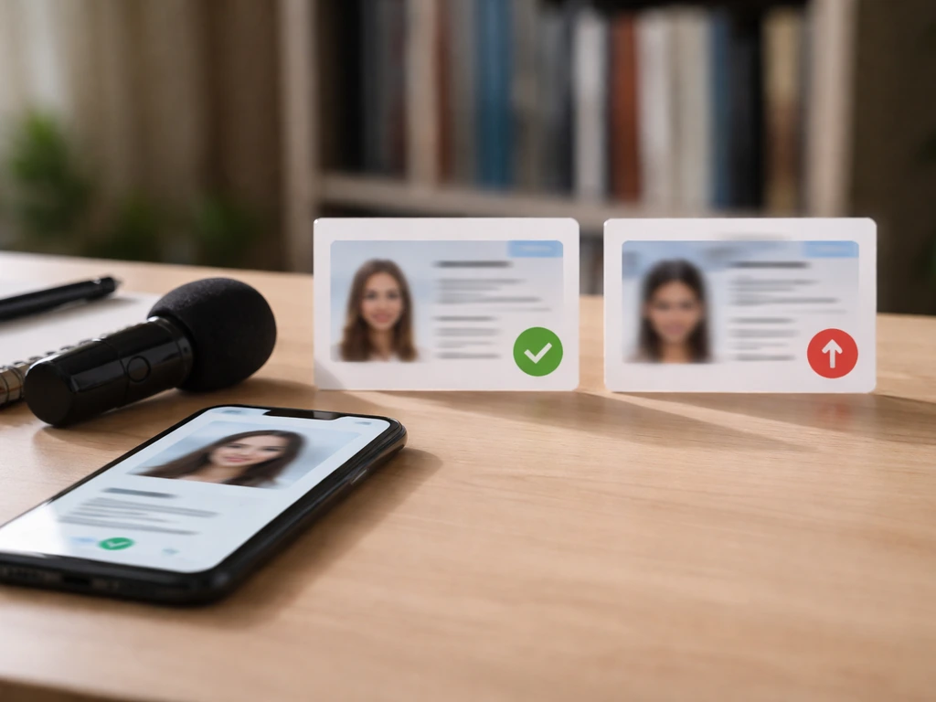 Minimal studio desk with microphone and phone, with two blurred media reference items suggesting identity verification.