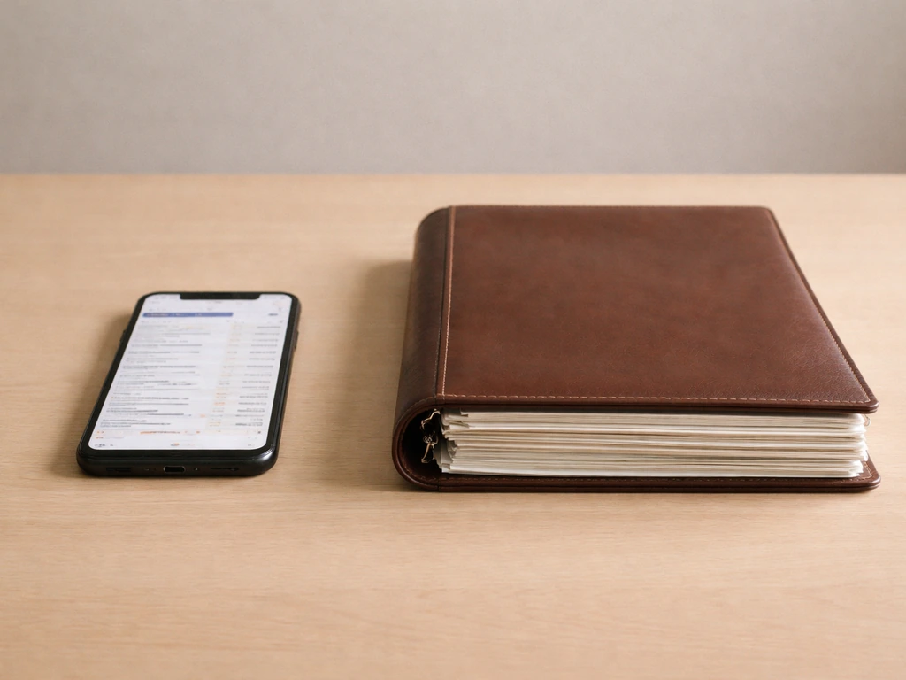 Minimal desk scene: blurred phone on one side, sealed finance folder on the other, symbolizing estimate vs audited discl