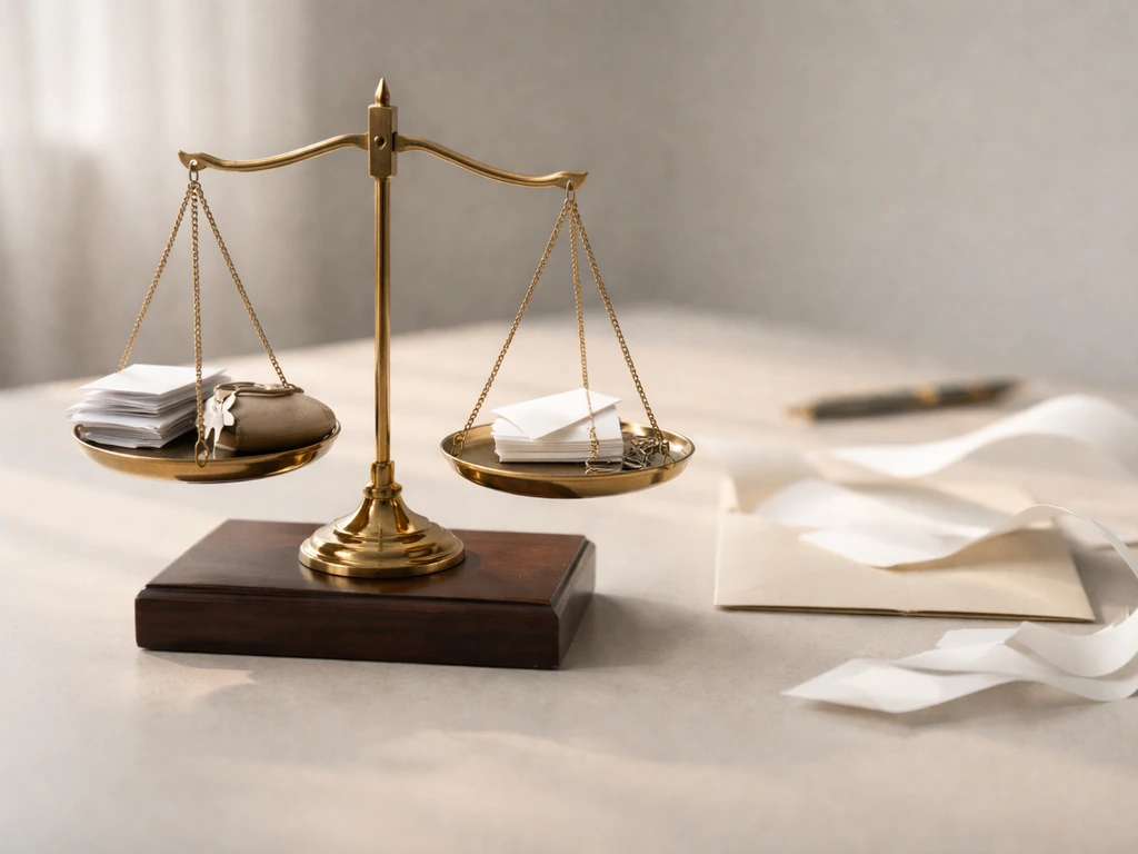 Balancing scale with asset-like and liability-like objects, with blank paper suggesting income flow.