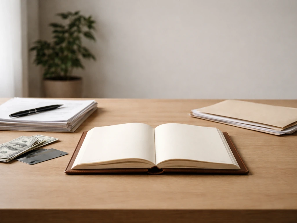 Minimal photo of a desk with money, documents, and a closed ledger representing assets minus liabilities concept.