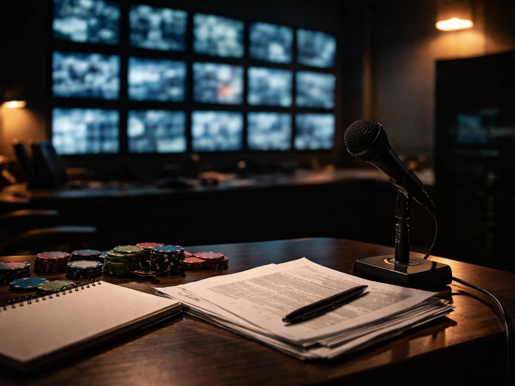 Casino security office desk with a microphone and blank printed pages, evoking a 2007 interview about earnings claims.