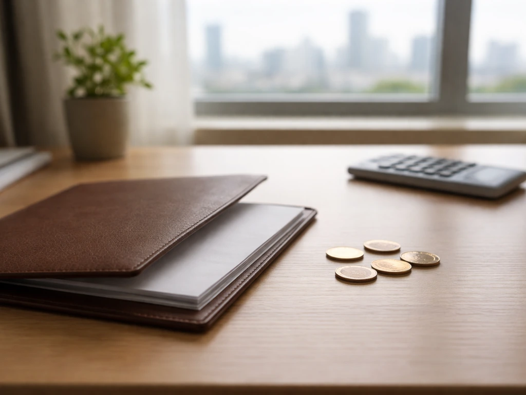 Minimal office scene with a leather folder and scattered coins symbolizing a low-confidence net worth estimate