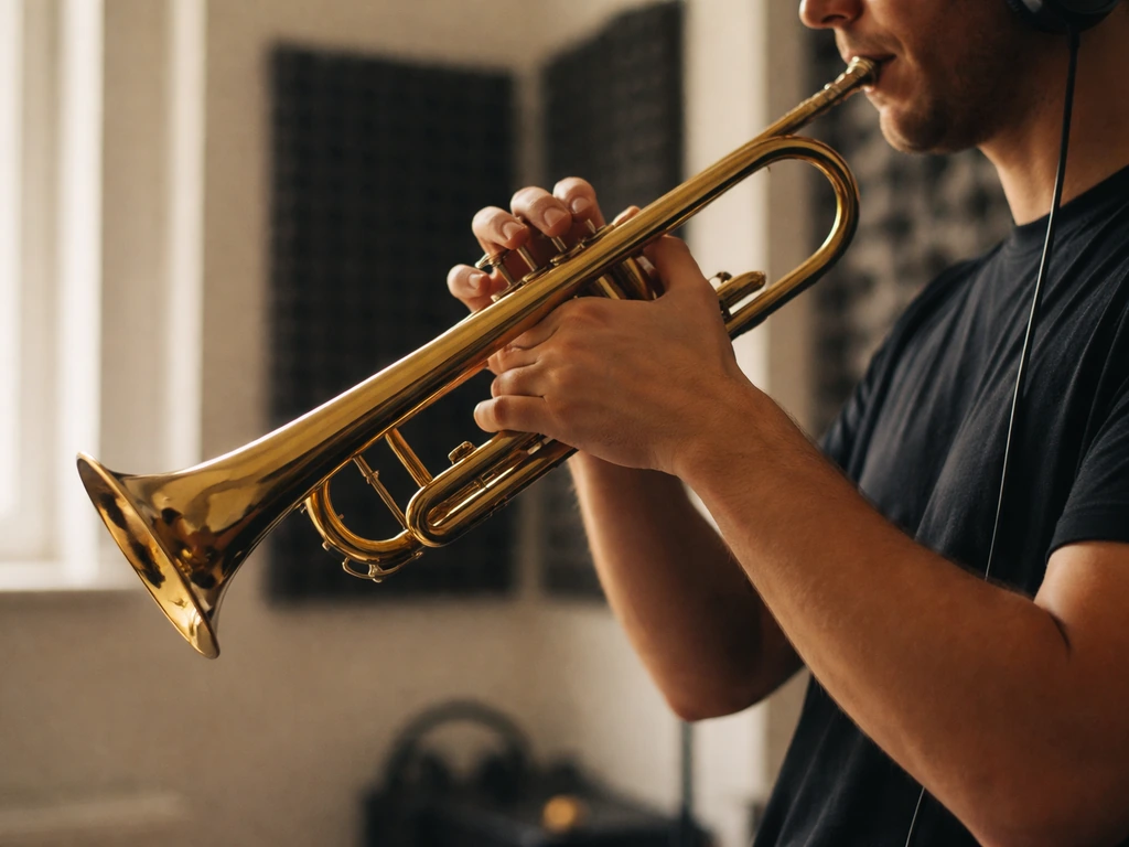 An anonymous musician playing a brass trumpet in a quiet studio with warm lighting.