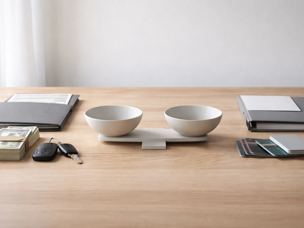 Minimal desk scene with unlabeled asset vs liability items and a subtle balance concept.