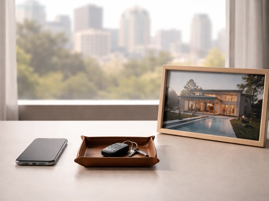 Minimal desk scene with luxury home photo, car keys, and a smartphone symbolizing public wealth signals.