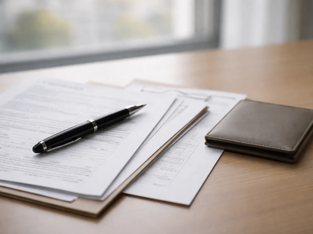 Close view of official-style documents and a fountain pen on a tidy office desk, symbolizing record verification.