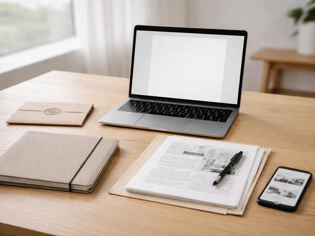 Minimal analyst desk with laptop and evidence folders suggesting property and foundation documentation.