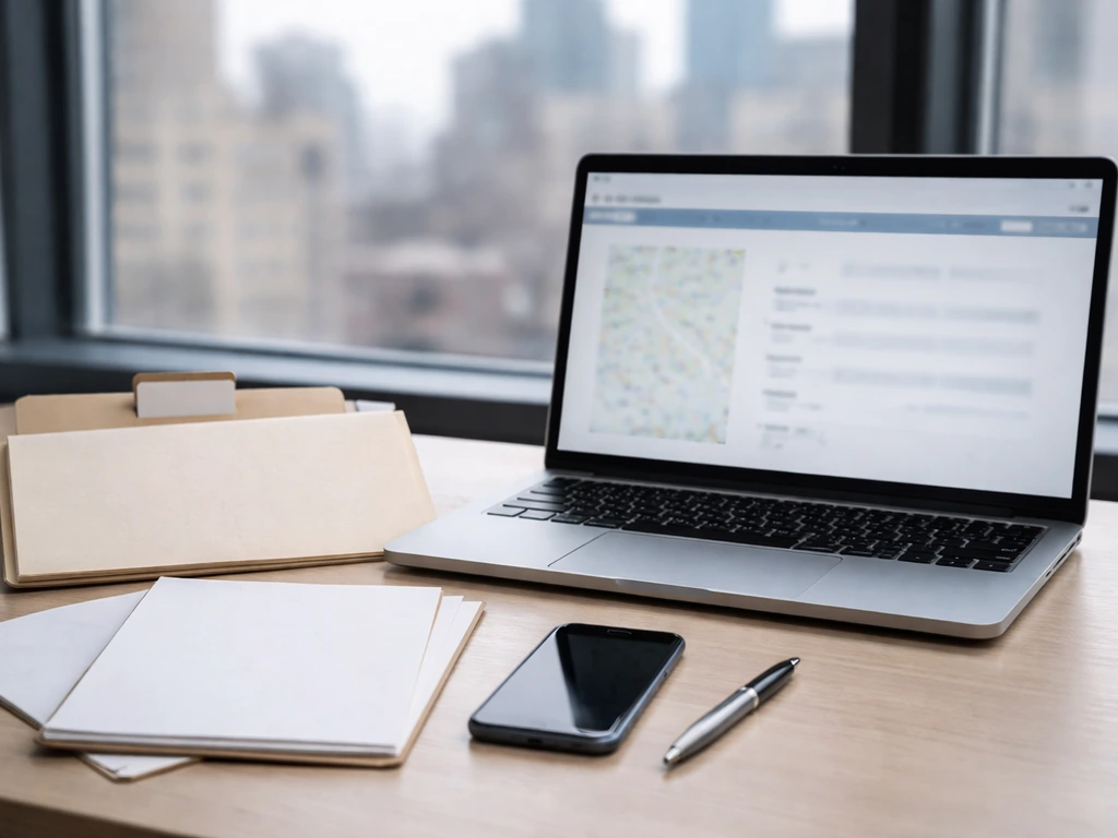 Laptop on a desk with blank documents and a pen, NYC buildings blurred in the background.