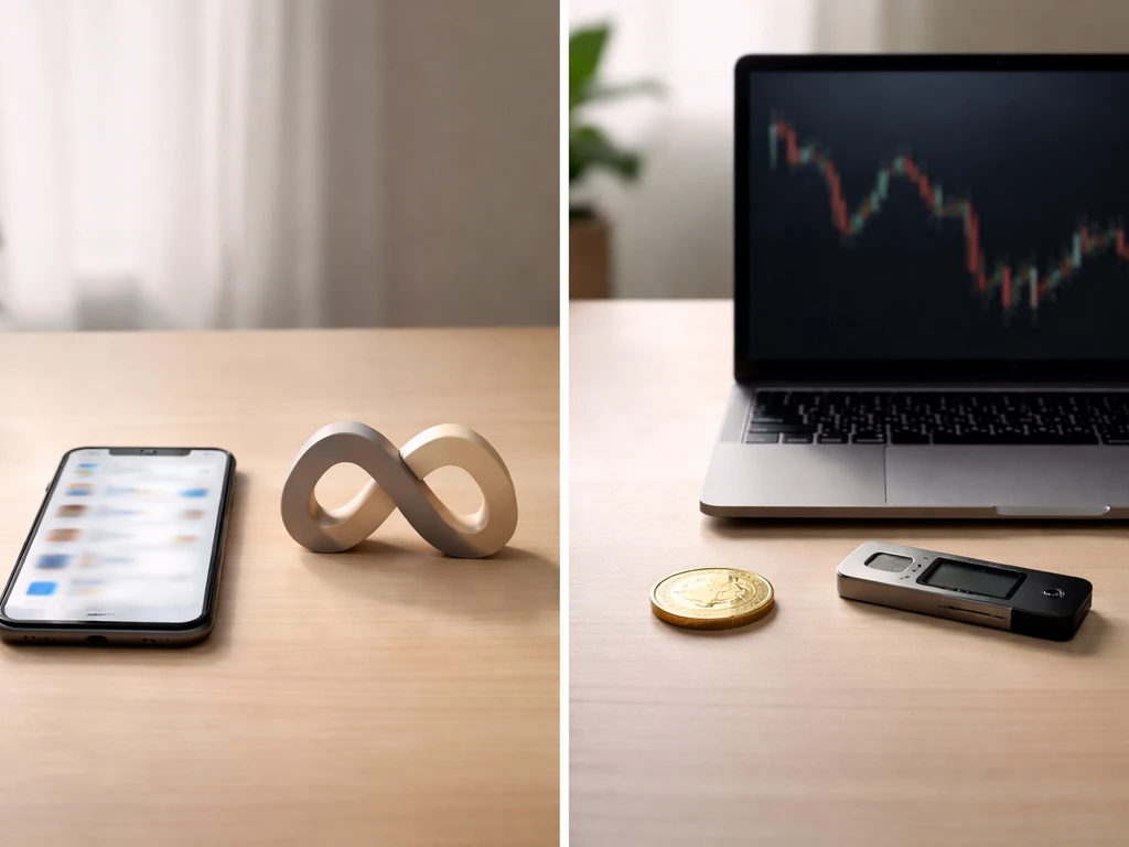 Minimal desk with two side-by-side tech cues: blurred social app on phone and crypto/payments gear on laptop.