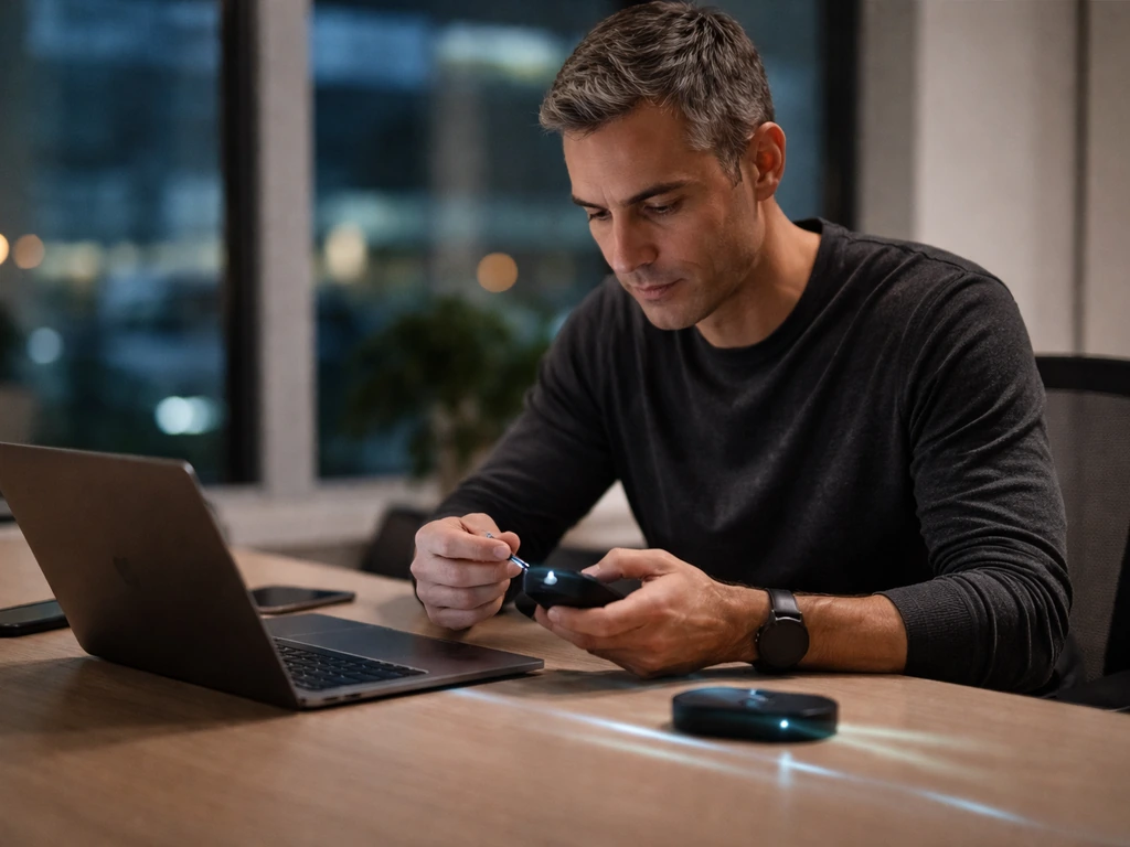 A person working at a laptop in a modern office with subtle glowing light streaks suggesting data flow.