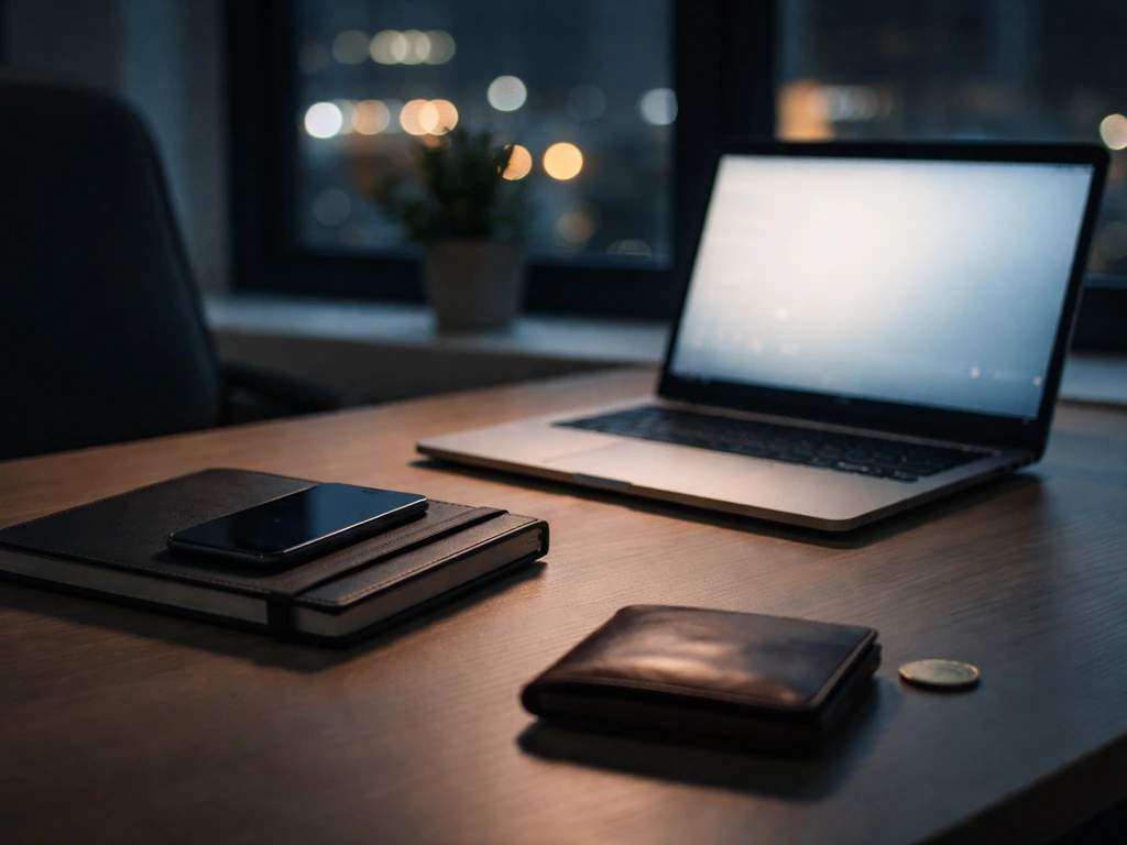 Minimal photo of a finance desk with a laptop and blurred city lights, symbolizing Bitcoin and investment analysis.