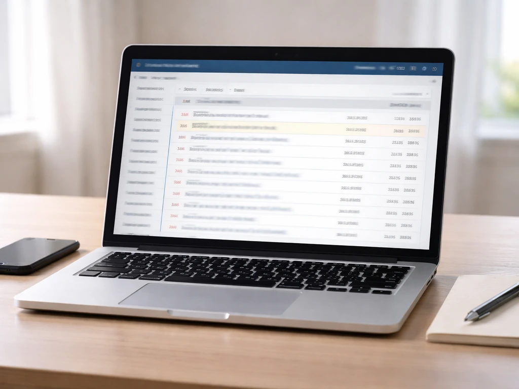 Minimal desk scene with a laptop showing a blurred SEC EDGAR-style filings interface mock for primary-source verificatio