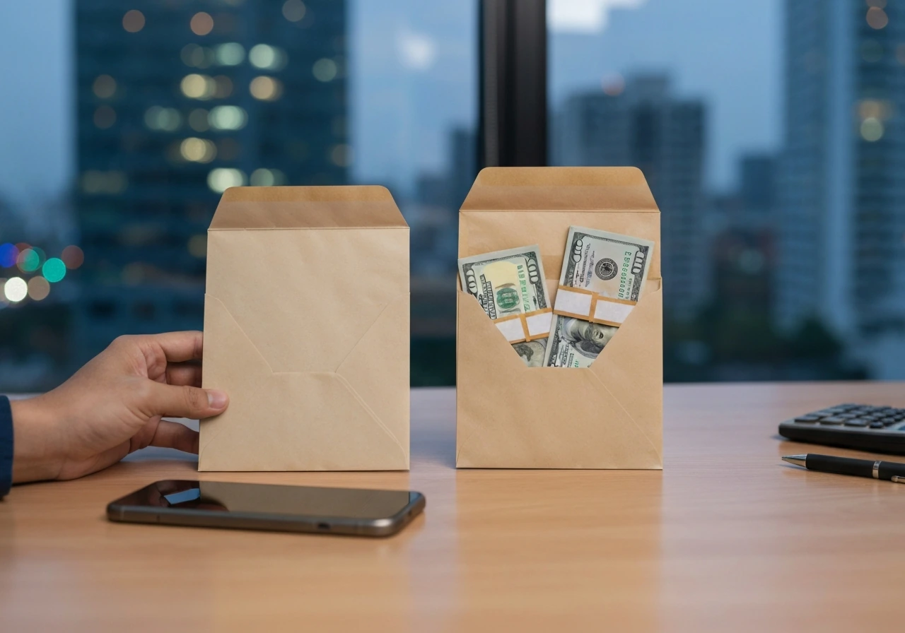 Hands place two plain money envelopes on a minimal desk beside a phone and calculator, symbolizing net worth ranges.