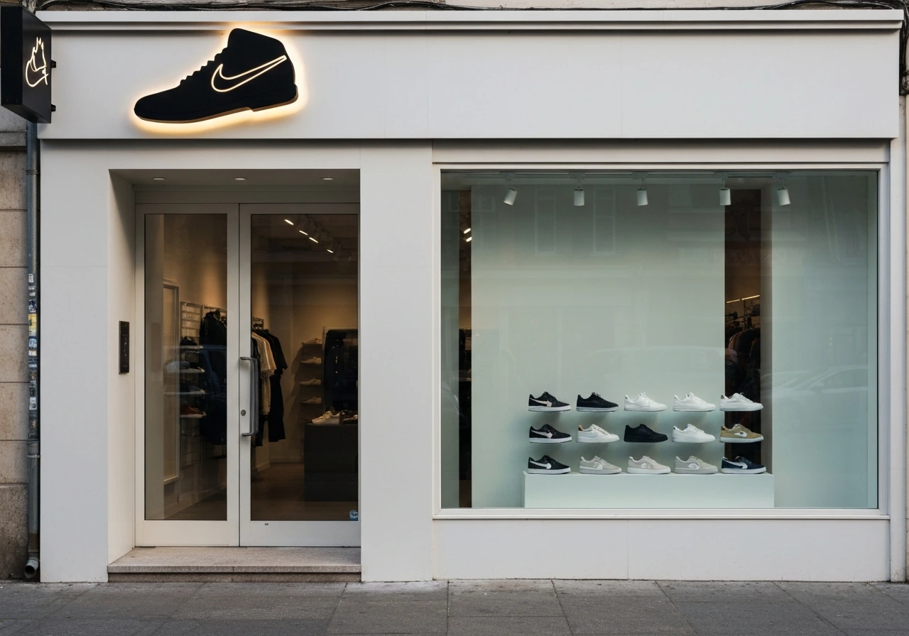 Minimal photo of a sneaker and streetwear storefront entrance with bold brand-style signage, no people.