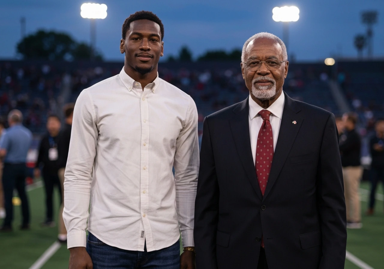 Marcus Jordan with an older basketball legend figure at a public event at dusk, minimal background blur.