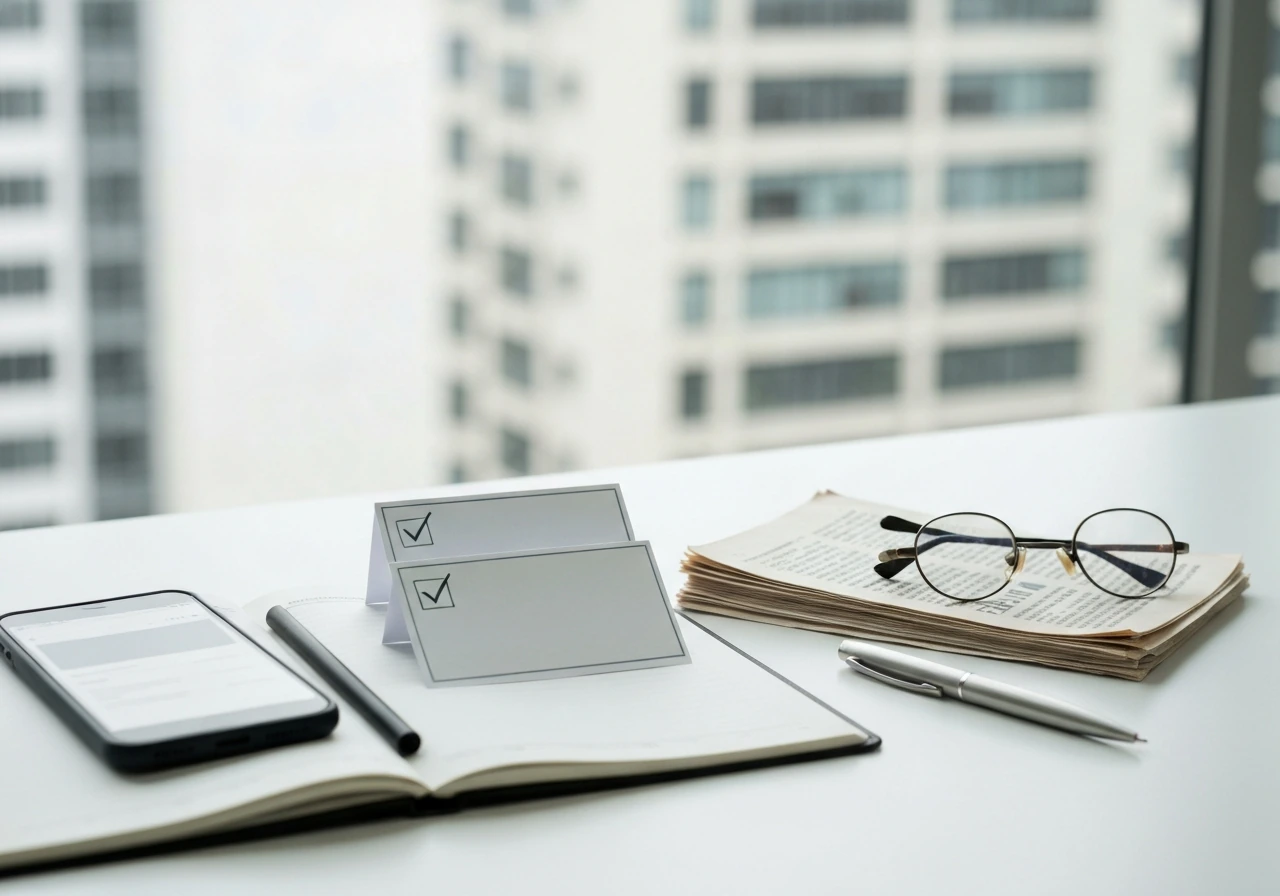 Desk setup with blank checklist cards, smartphone glow, and papers for verifying sources and estimates.