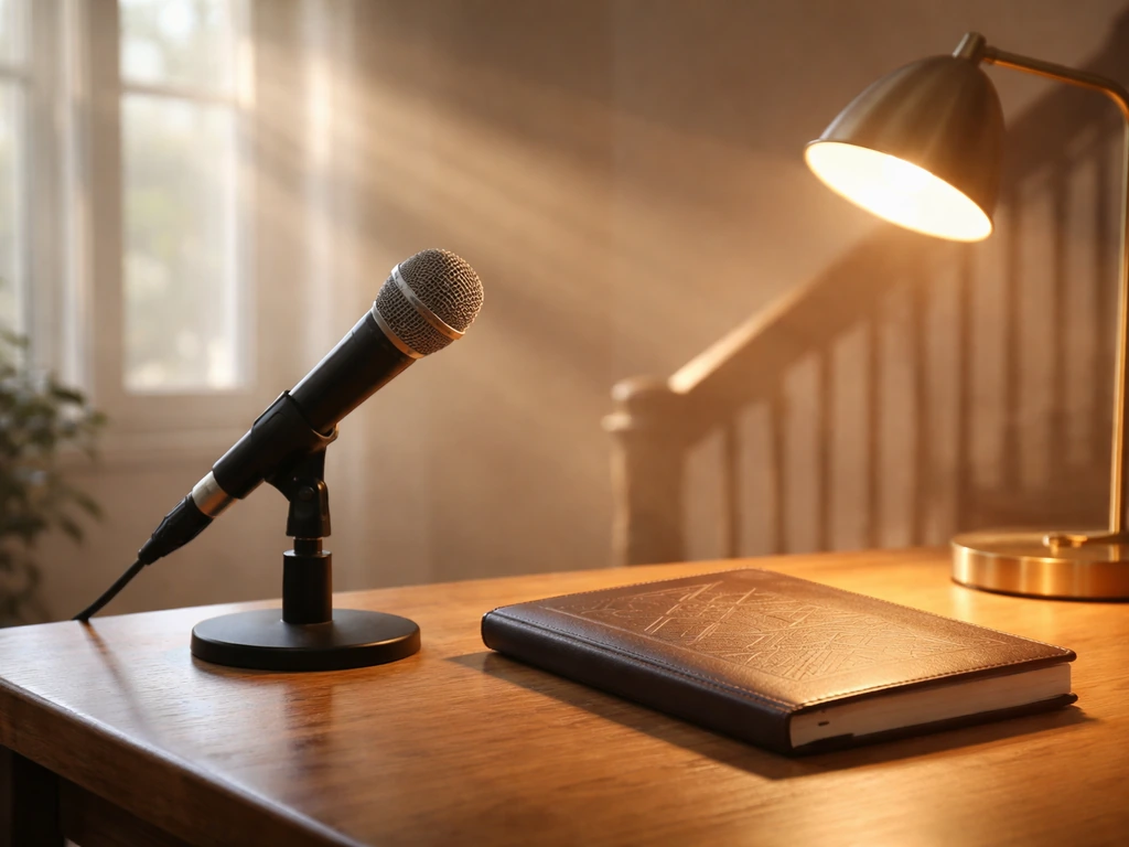 Minimal photo of a motivational speaker desk with a warm-lit mic and branded-style notebook, no text.