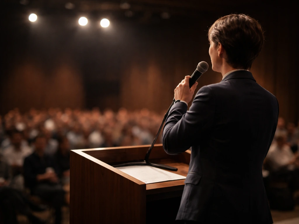 Motivational speaker at a conference podium with a microphone, delivering a presentation to an audience.