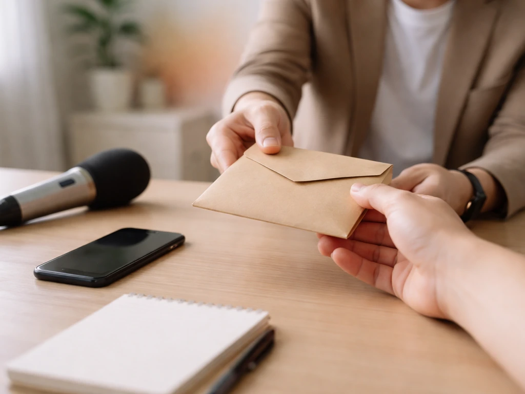 Anonymous handoff of a welcome kit on a minimal desk with microphone and smartphone in soft natural light.