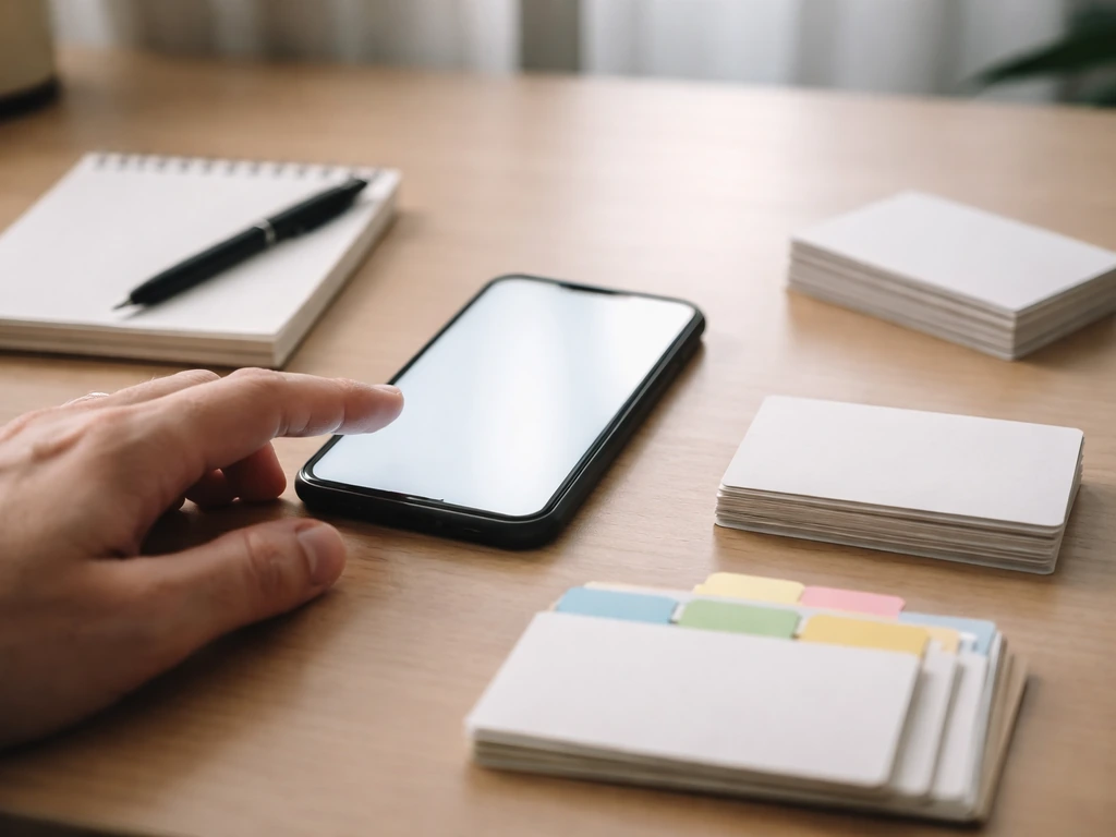 Minimal photo of a person’s hand checking bookmarks on a smartphone near business documents.