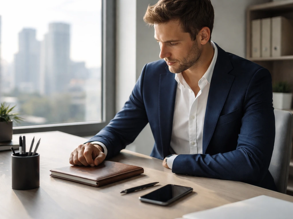 Anonymous finance executive in a modern office, reviewing notes at a clean desk with natural light.