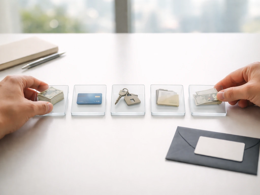 Hands placing transparent tiles of money categories on a desk, showing how net worth is estimated step by step.