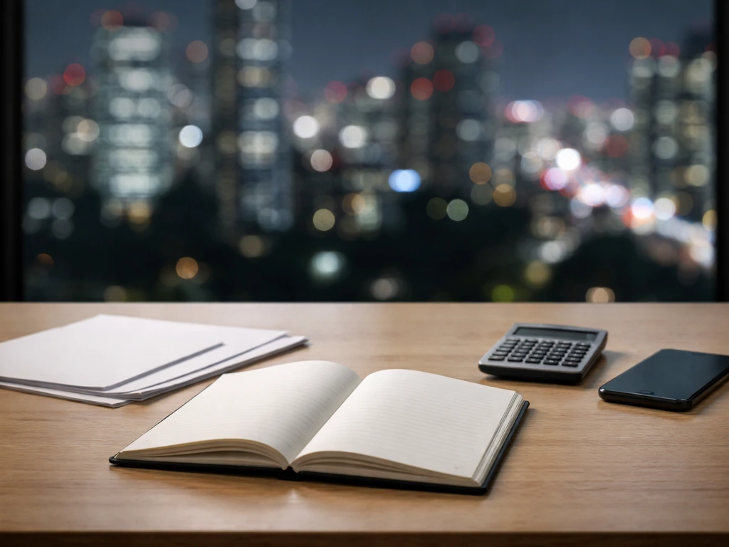 Minimal photo of a desk with scattered cash-like papers and blurred city lights, symbolizing changing financial estimate