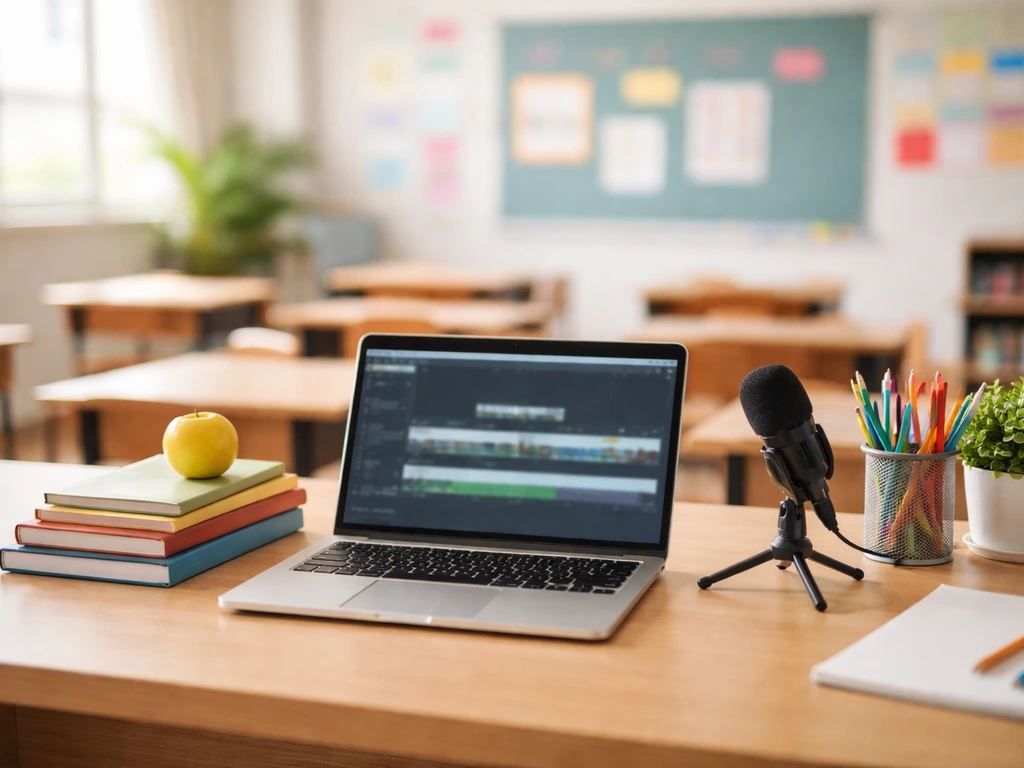 Empty classroom desk with laptop and microphone, symbolizing a creator teacher and money-related media work.