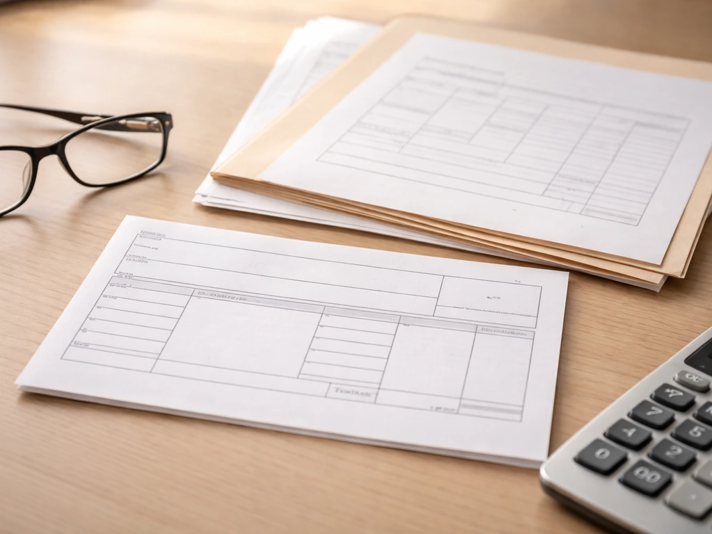 Close-up of blank pay stub and salary/budget documents on a desk with calculator and glasses