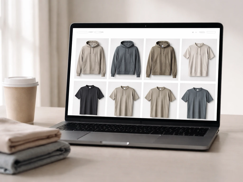Minimal ecommerce storefront scene for Blind Optimism Apparel with clothing products on a clean laptop desk