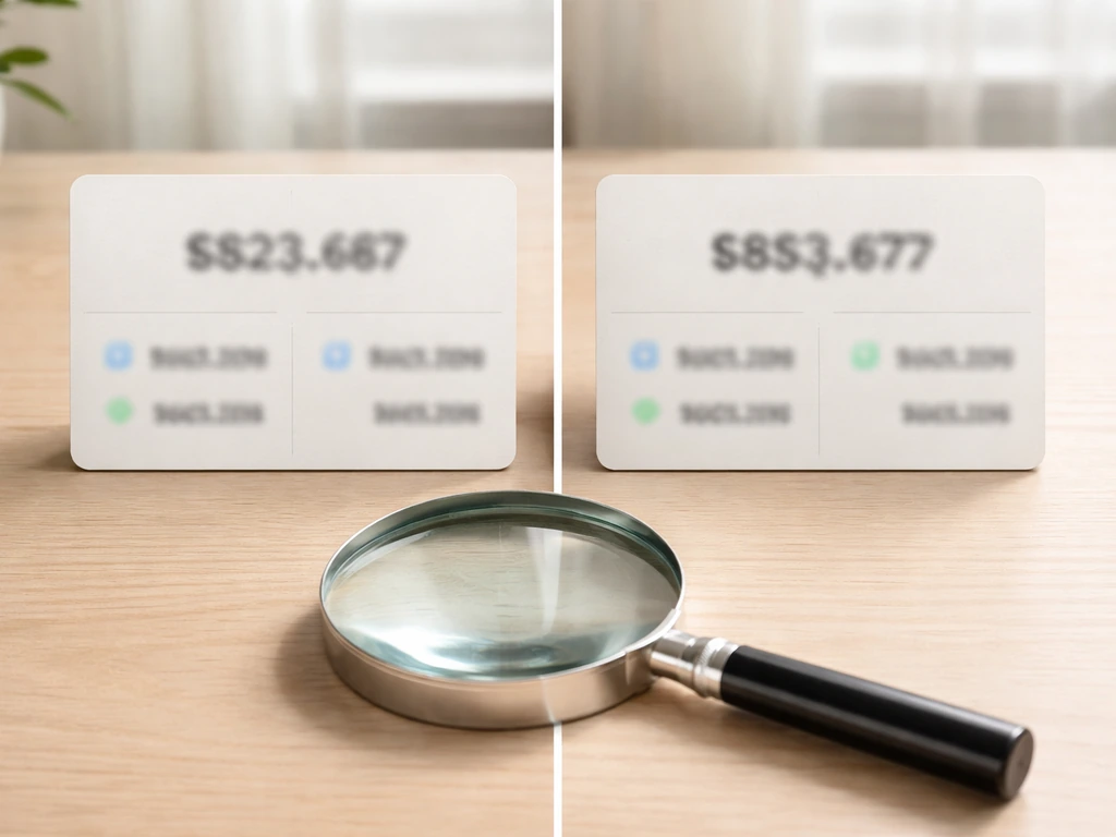 Magnifying glass over two different-looking money figure cards in a minimal desk collage