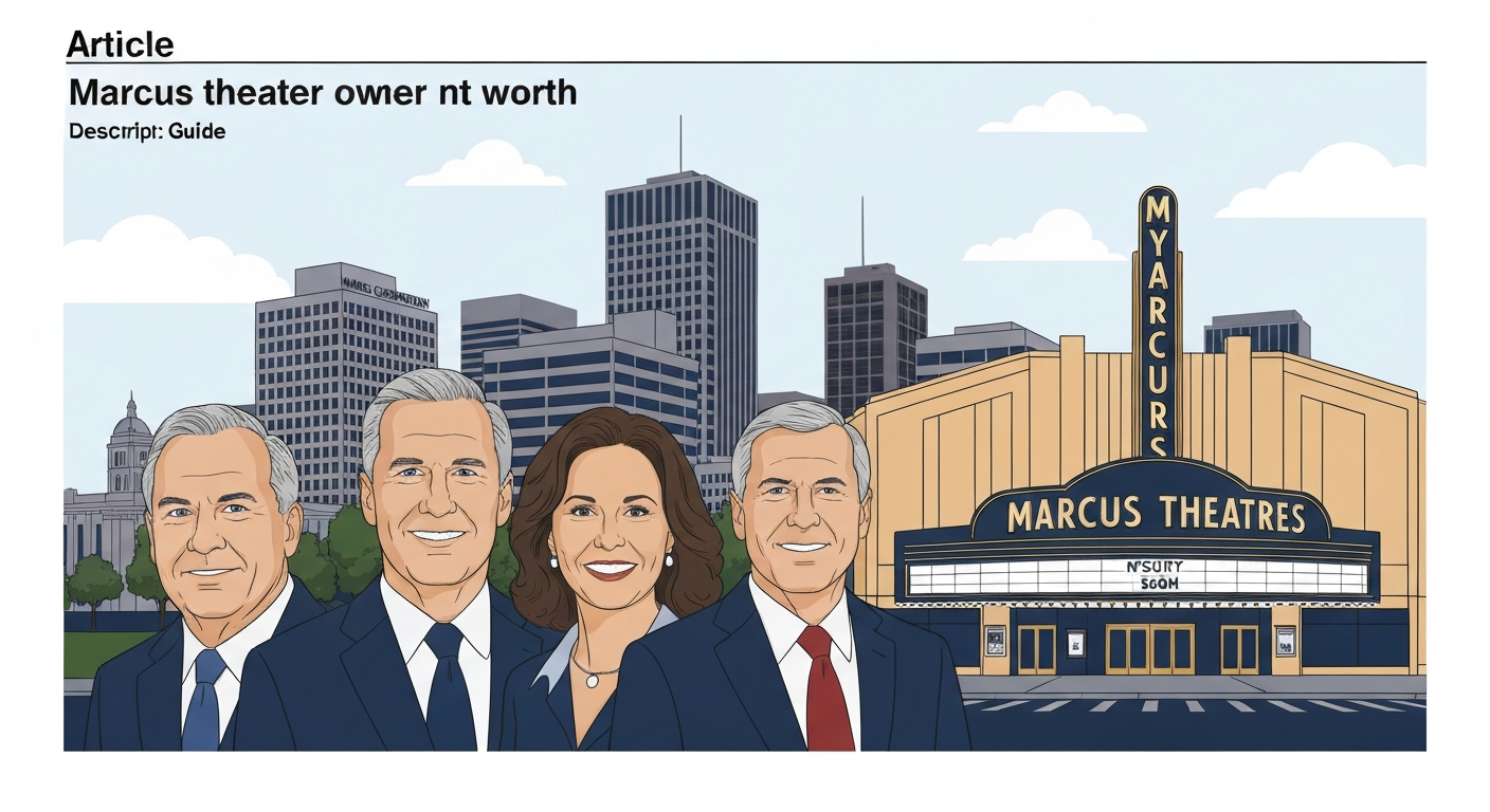 Editorial illustration of Marcus Theatres and the Marcus Corporation headquarters with stylized portraits representing the Marcus family and a stock ticker 'NYSE: MCS', conveying family ownership and net worth.