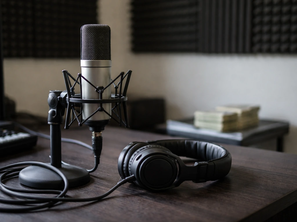 Minimal photo of an audio studio desk with microphone and cash-style props symbolizing entertainer net worth.