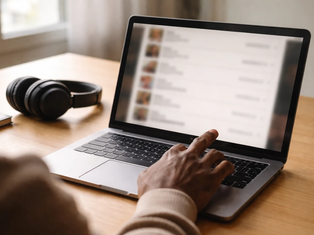 Anonymous hand adjusting a laptop on a desk with a blurred cast-list style screen for identity verification
