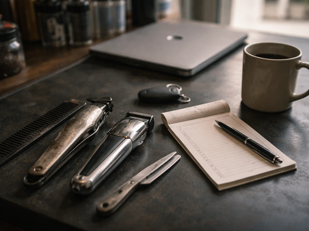 Close-up of barber tools beside a small business-style workspace with cashless, finance vibe