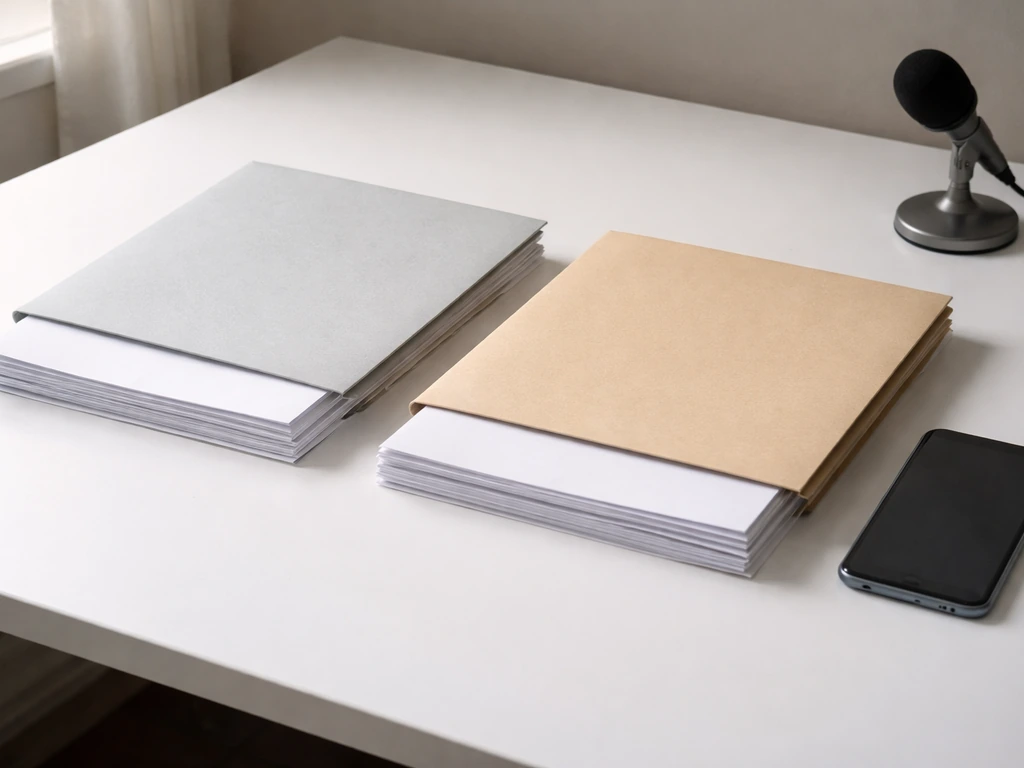 Minimal photo showing two different business documents and a phone on a desk, symbolizing name confusion