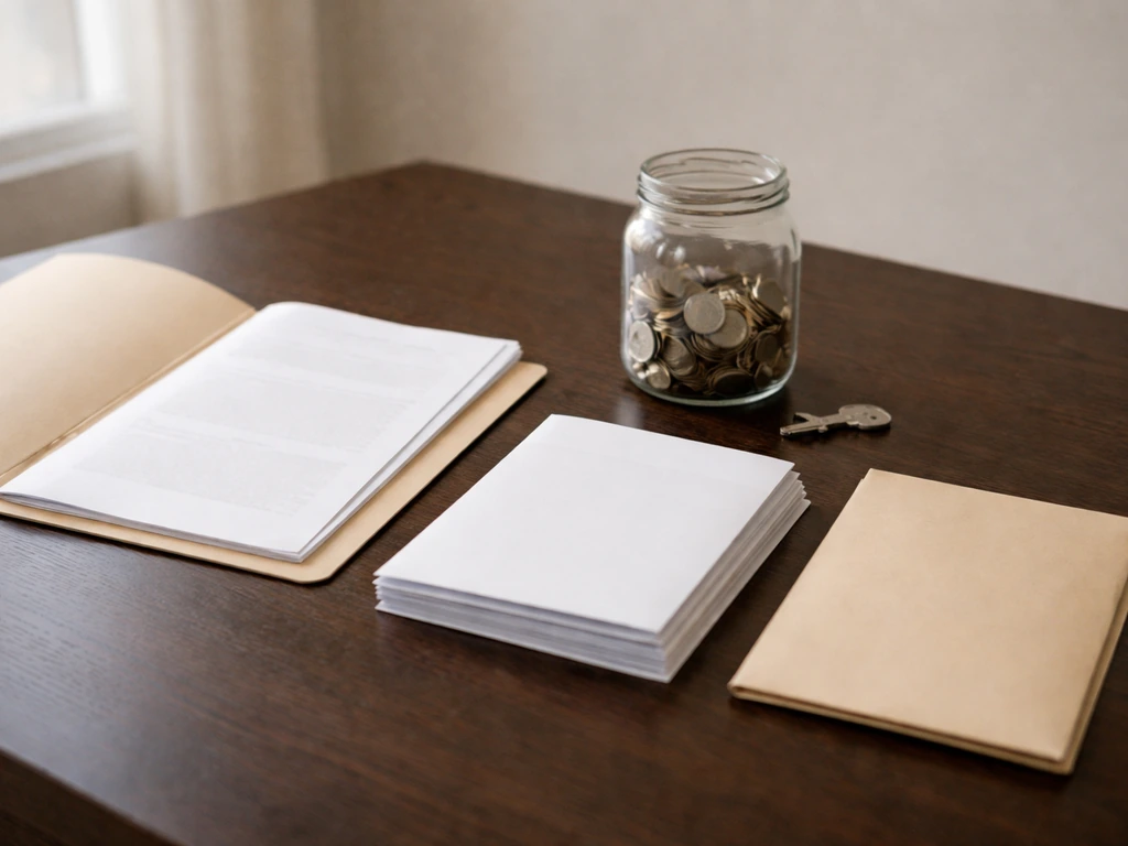 Minimal tabletop scene with house title papers, investment statements, and loan documents suggesting assets minus liabil
