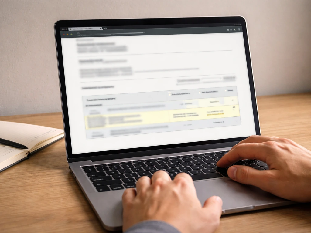 Hands reviewing a blurred UK Companies House search results mockup on a laptop screen.