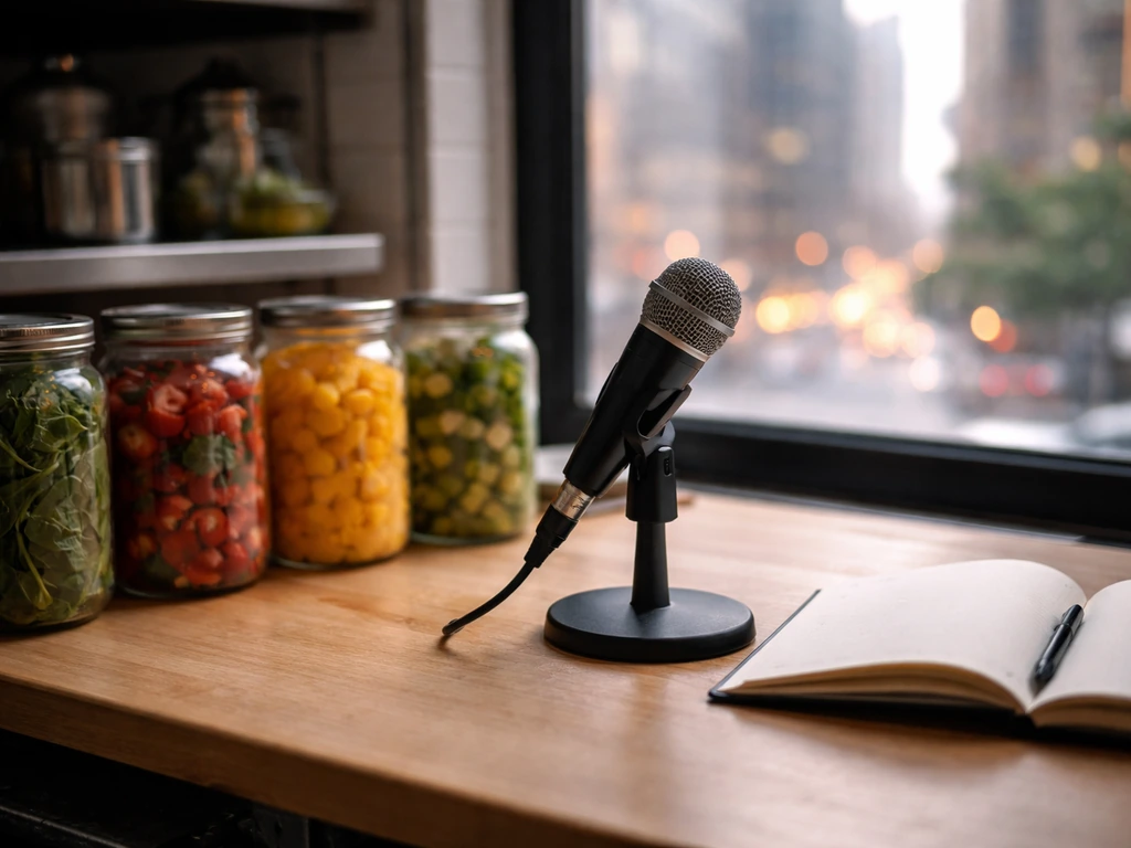 Quiet NYC juice bar workspace with a microphone and glass jars, symbolizing a founder’s media and business life