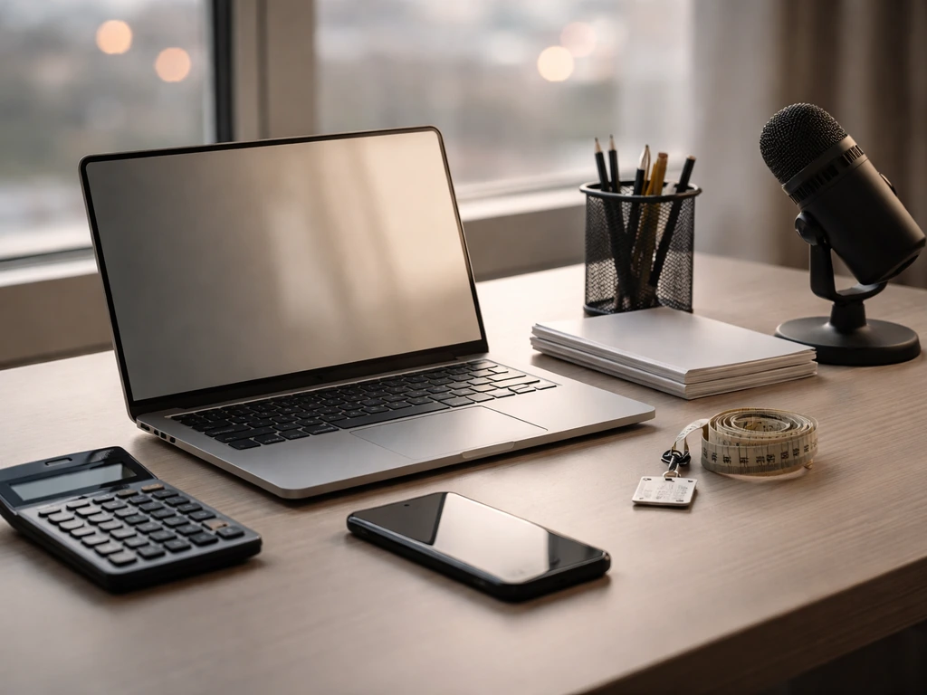 Minimal photo of a finance-focused desk with papers, a phone, and a calculator-like setup suggesting estimate calculatio