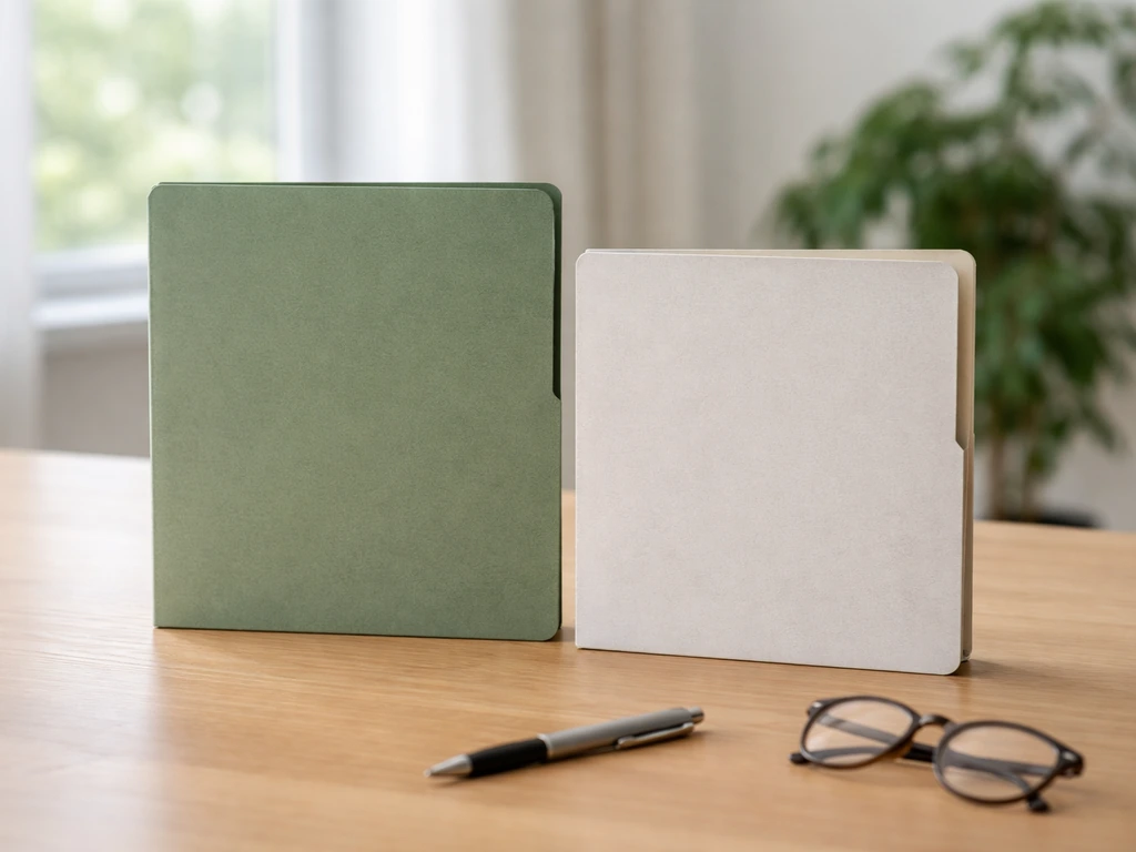 Minimal photo of a desk setup with two folders labeled only by color coding