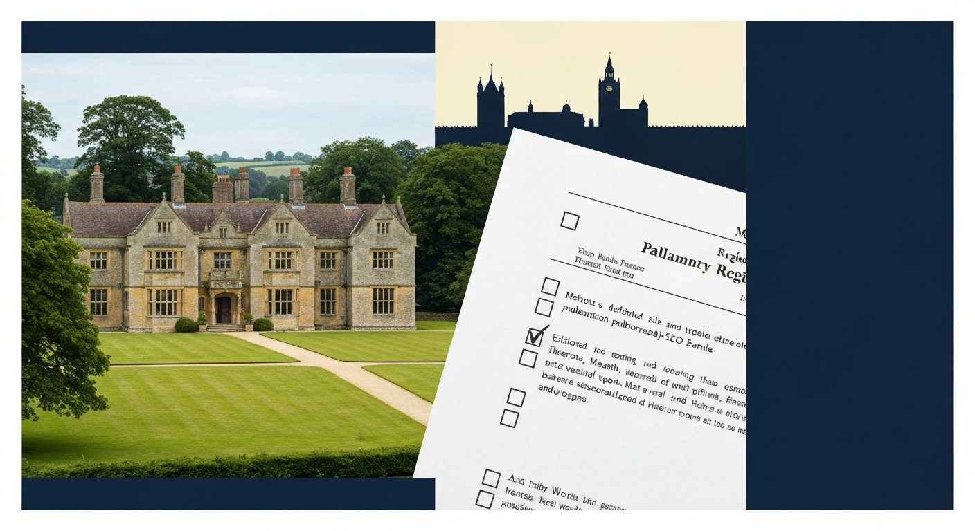 Stylised montage showing a Somerset country manor, a generic parliamentary register, and a distant Westminster silhouette — representing property, disclosures and politics in a net worth profile.