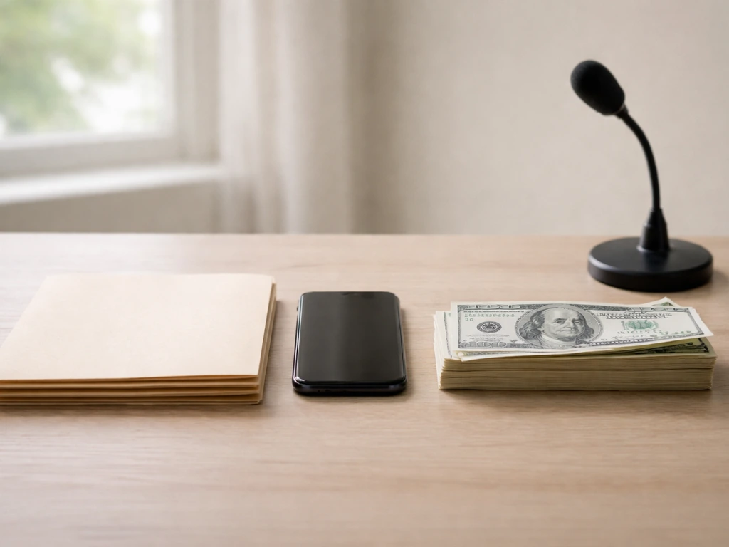 Minimal desk scene with money, media gear, and side-by-side folders symbolizing net worth estimate comparison.